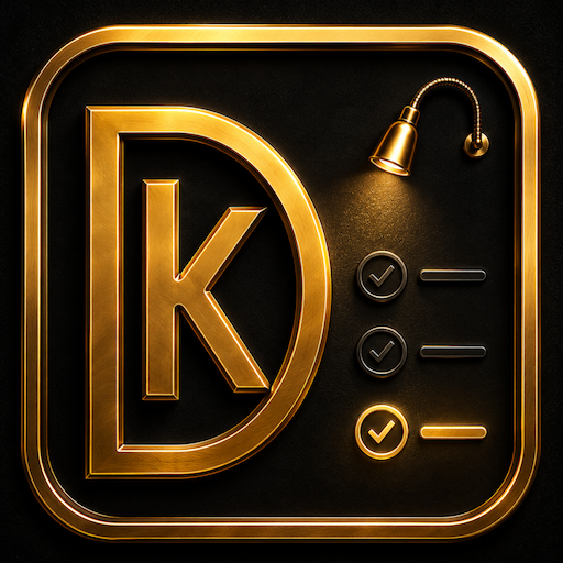 DKReminder emblem: D and K letters, a lamp, and a reminder checklist