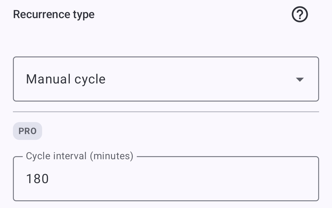 Manual cycle recurrence type with a 180-minute interval