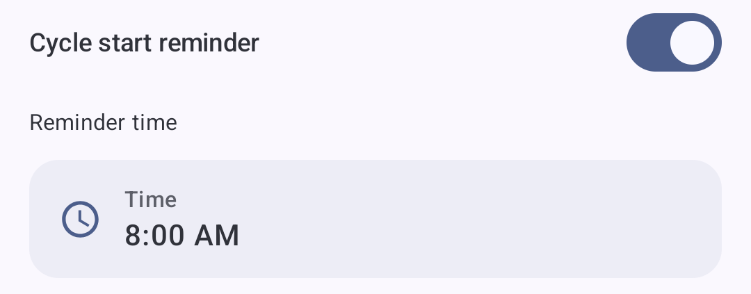 Cycle start reminder enabled for 8:00 AM