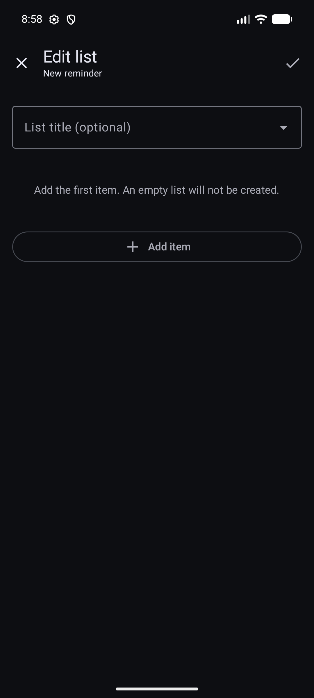 The DKReminder list editor with the optional title field and Add item button