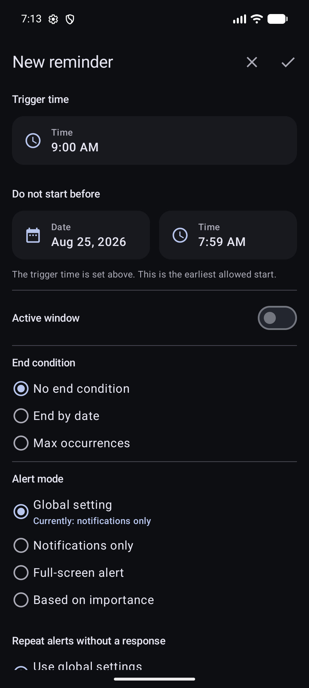 Full editor showing trigger time, schedule boundary, active window, end condition, and alert mode