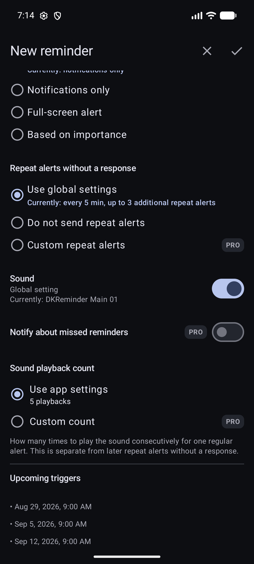 Full editor with the Repeat alerts without a response setting