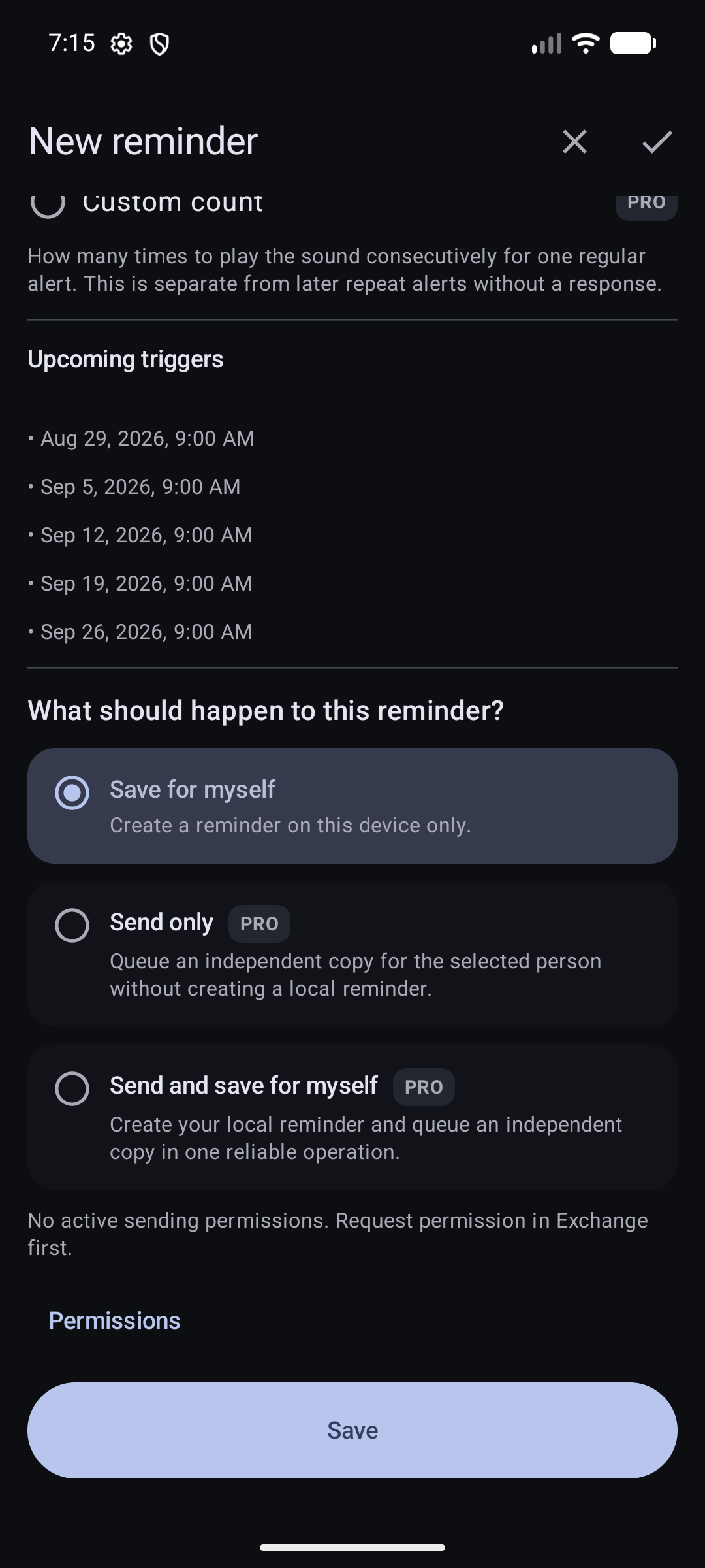 Bottom of the full editor showing upcoming triggers, save or send choices, and the Save button