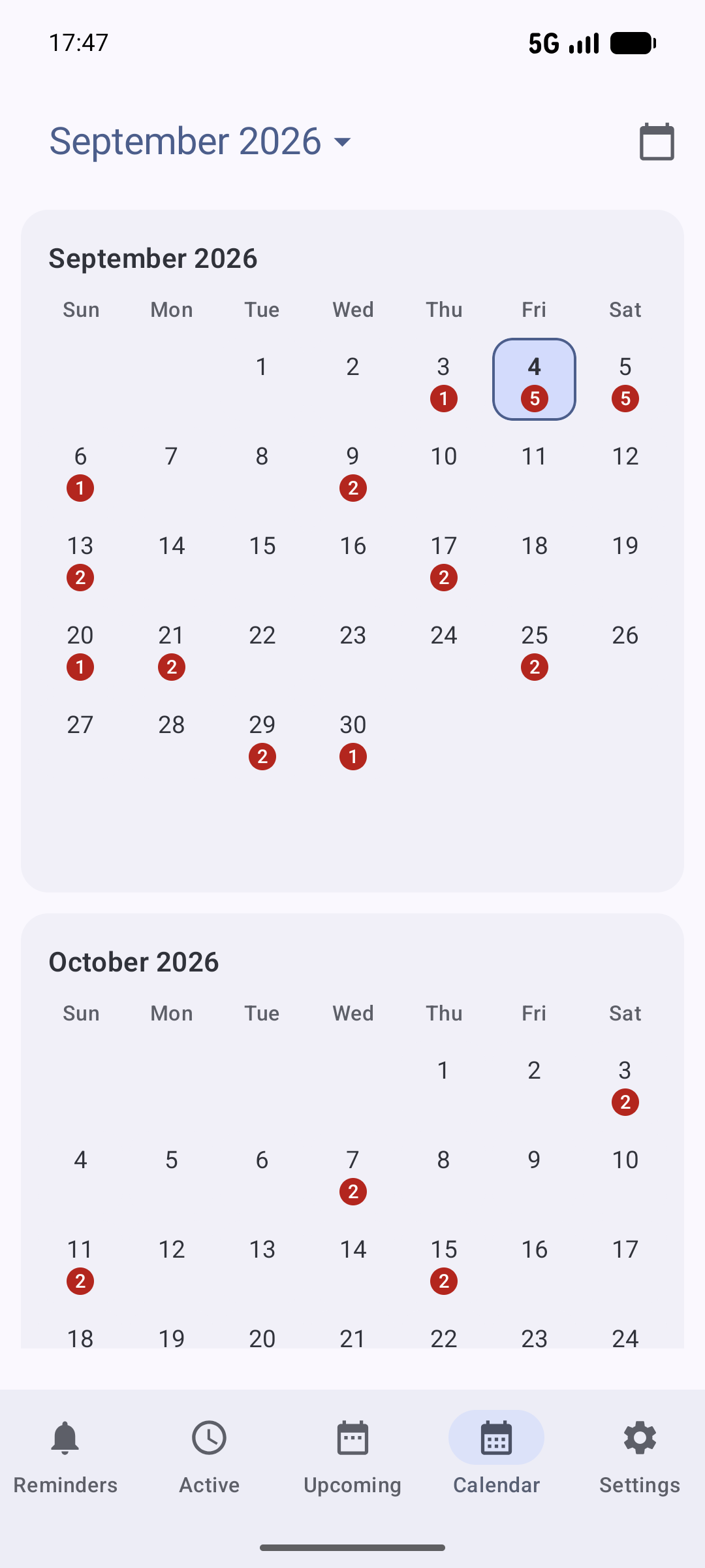The Calendar section showing a month with reminder counts on its days