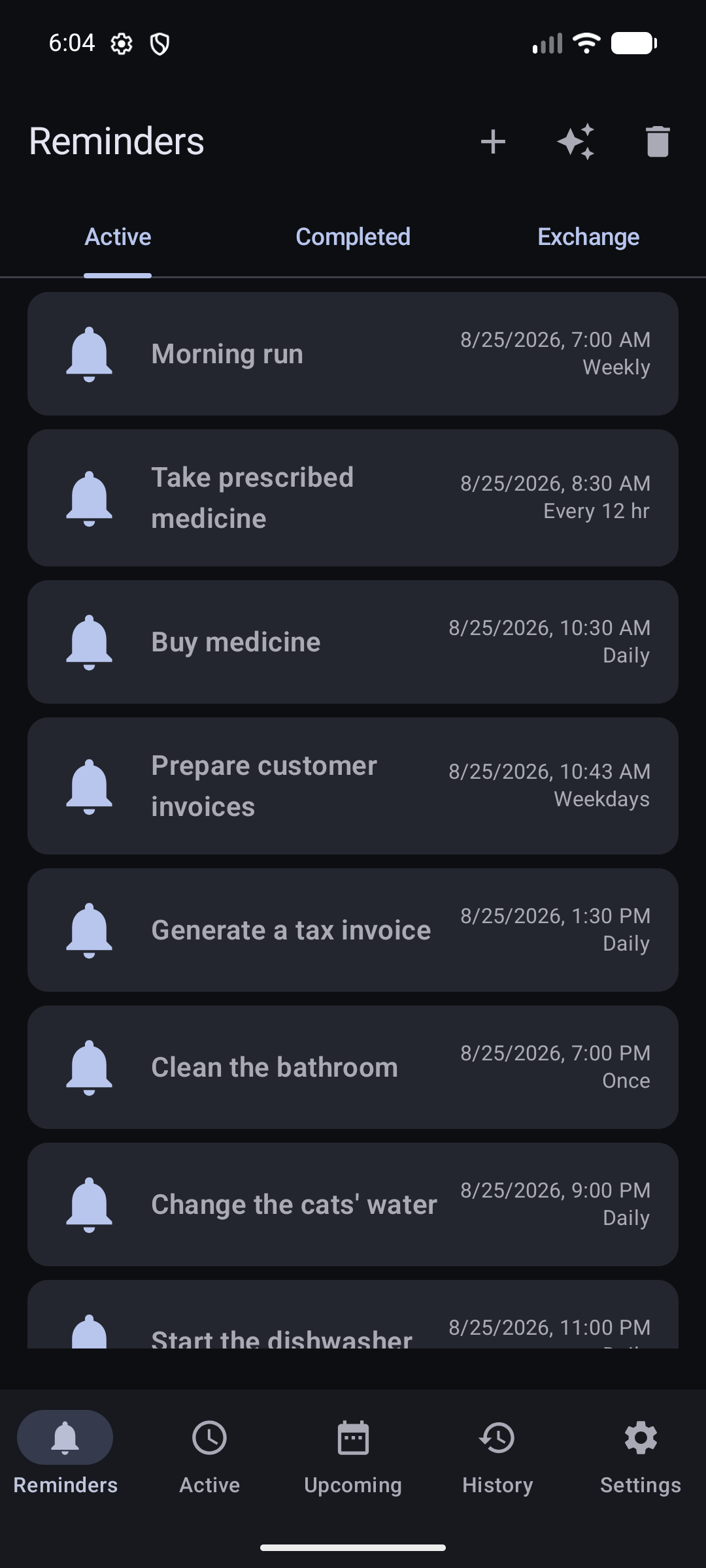 The Reminders section with active reminder cards