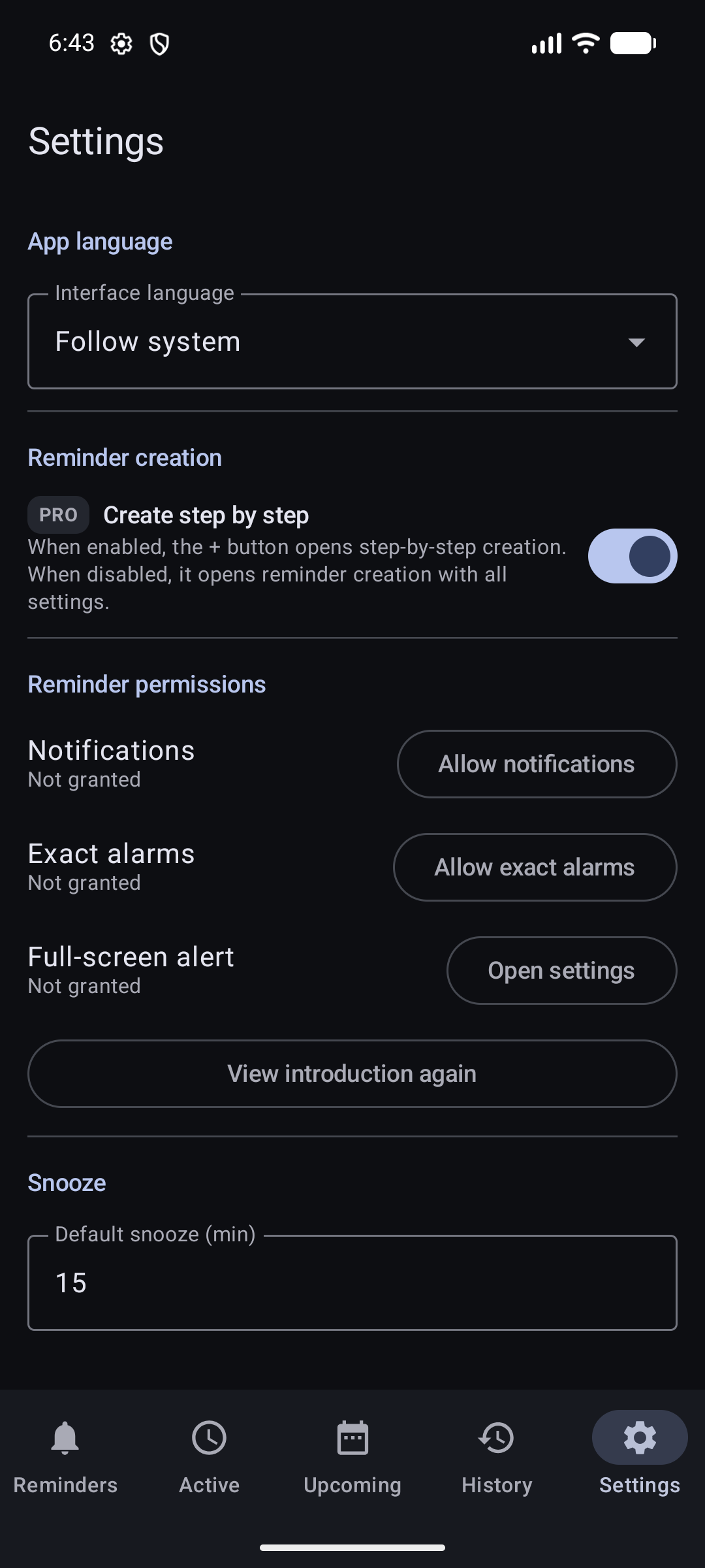 The Settings section with app-wide options