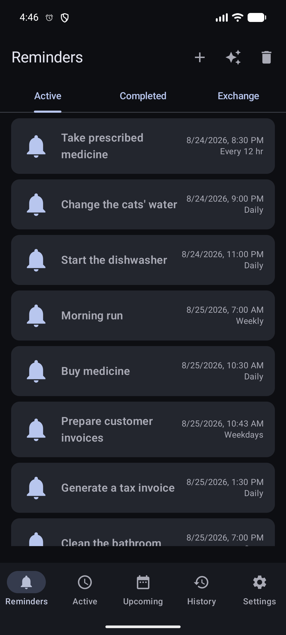 The DKReminder Reminders screen with the Add reminder button highlighted in the top-right corner