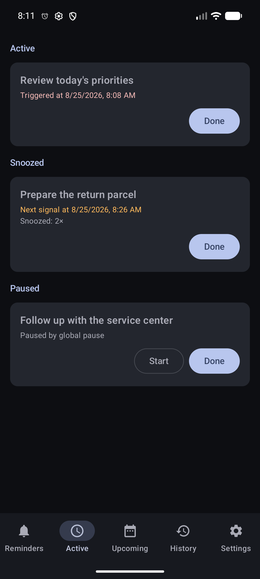 The DKReminder Active screen with separate Active, Snoozed, and Paused groups