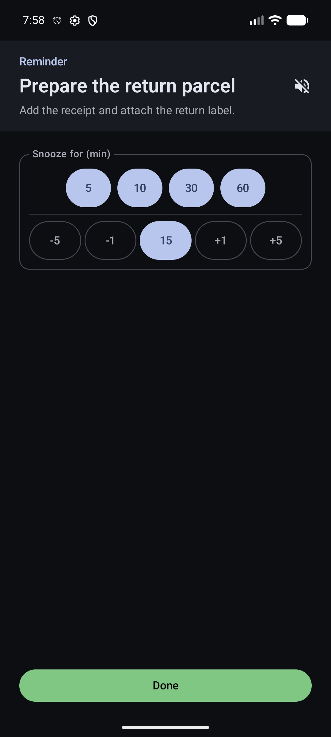 Full-screen occurrence view with the reminder title, description, and snooze choices