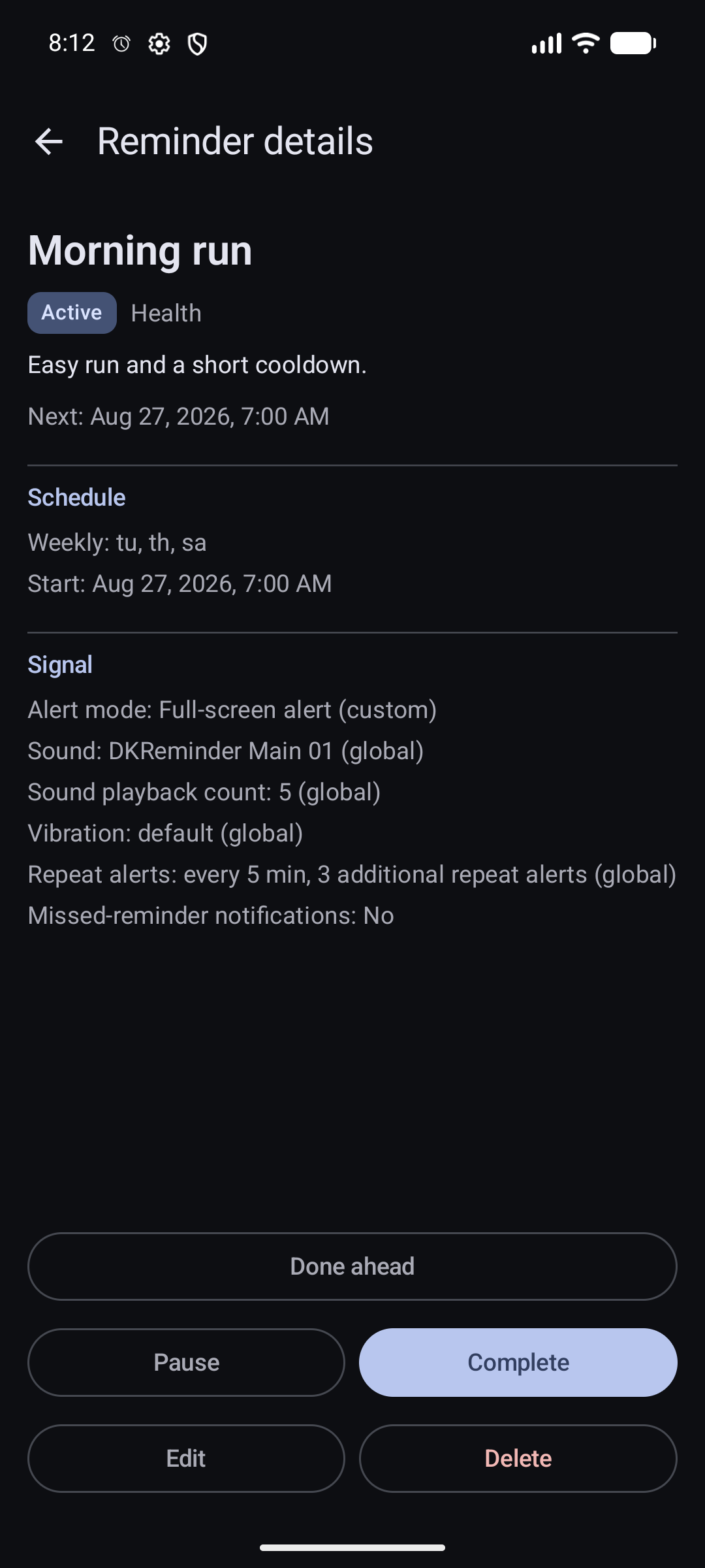 Bottom of reminder details with Done ahead, Pause, and Complete buttons