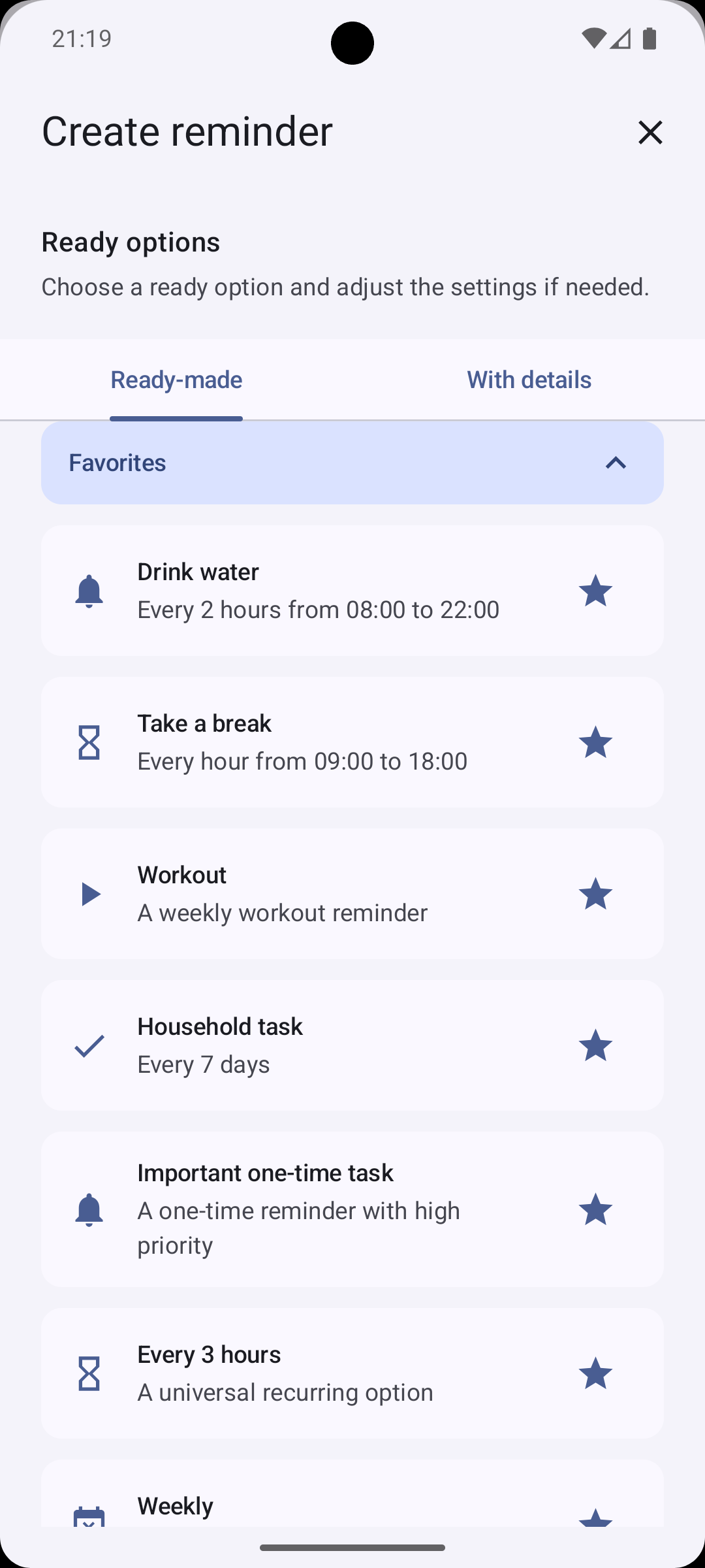 The reminder creation screen with ready-made options and favorites