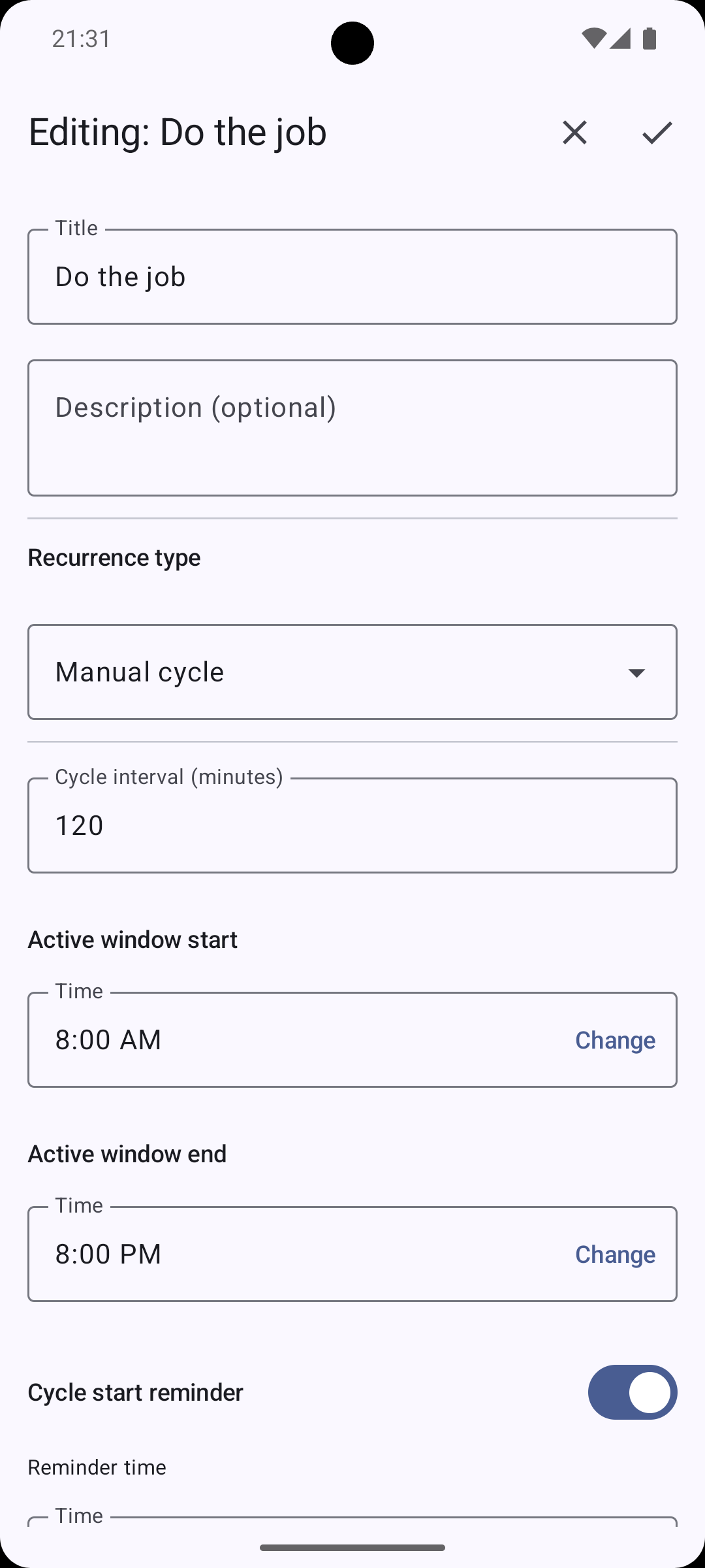 Manual cycle settings: interval, active window, and a reminder to start