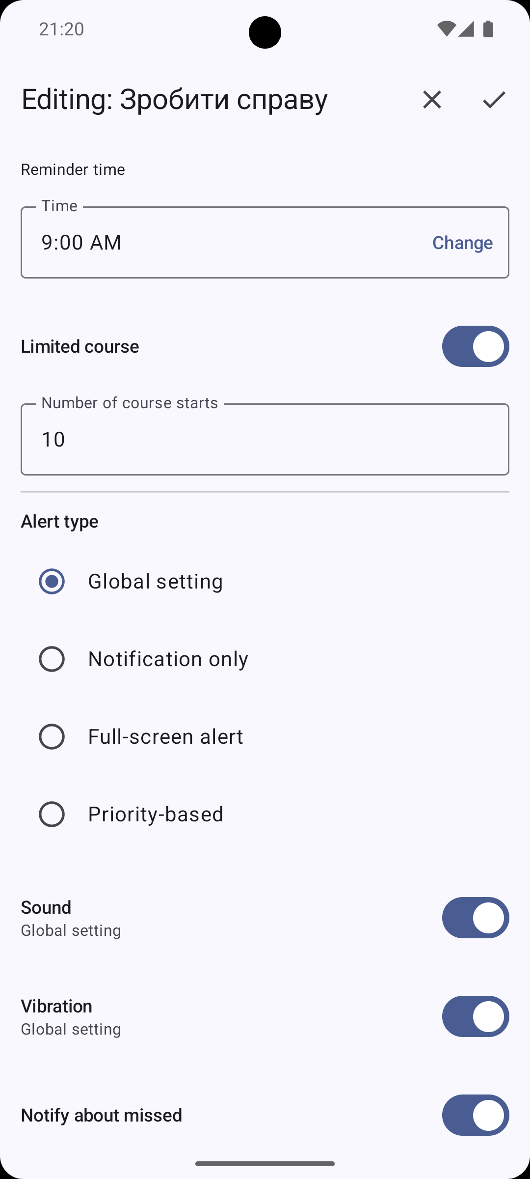 More manual cycle settings: reminder time, course, and sound