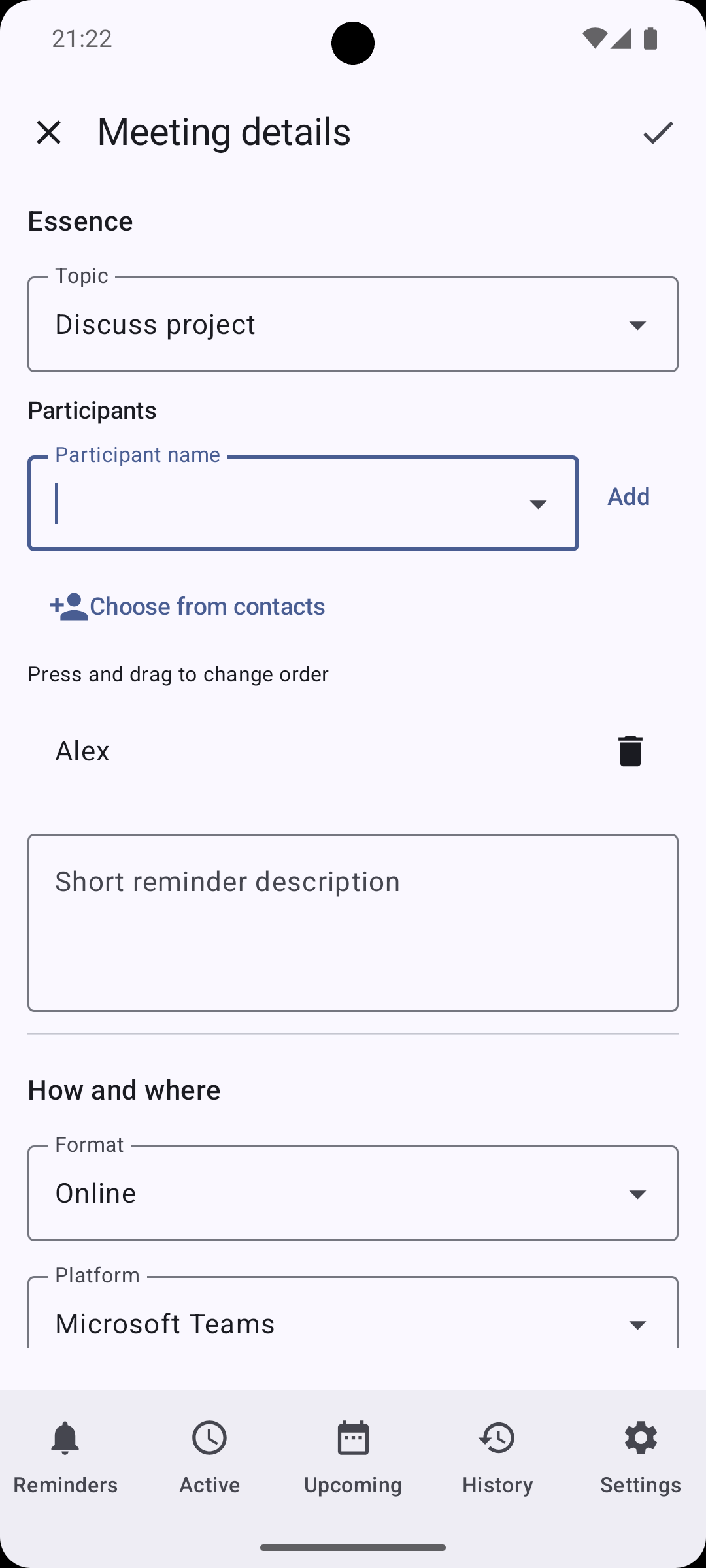 Meeting scenario with a participant, online format, and Microsoft Teams platform