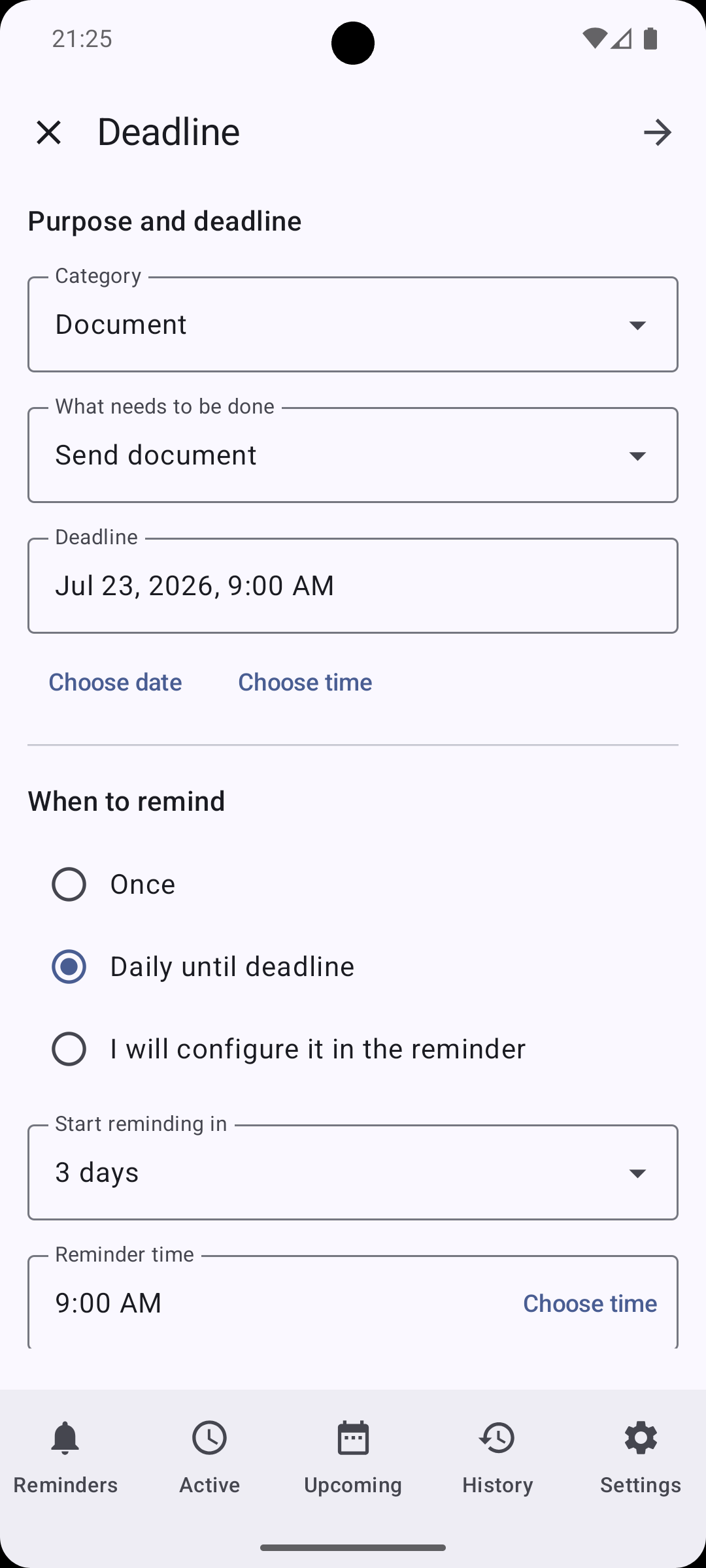 Deadline scenario with a date, reminder method, and document details